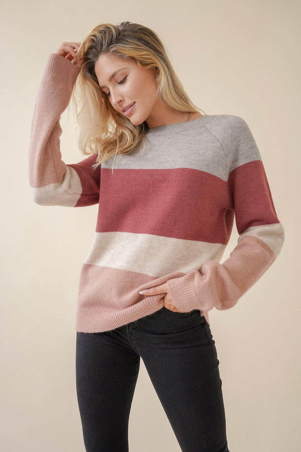 Grey/Pink Multi Color Block Sweater - Clearance Final Sale