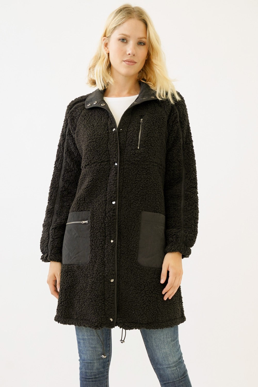 Long Lined Fleece Jacket With Pocket Details-Clearance Final Sale