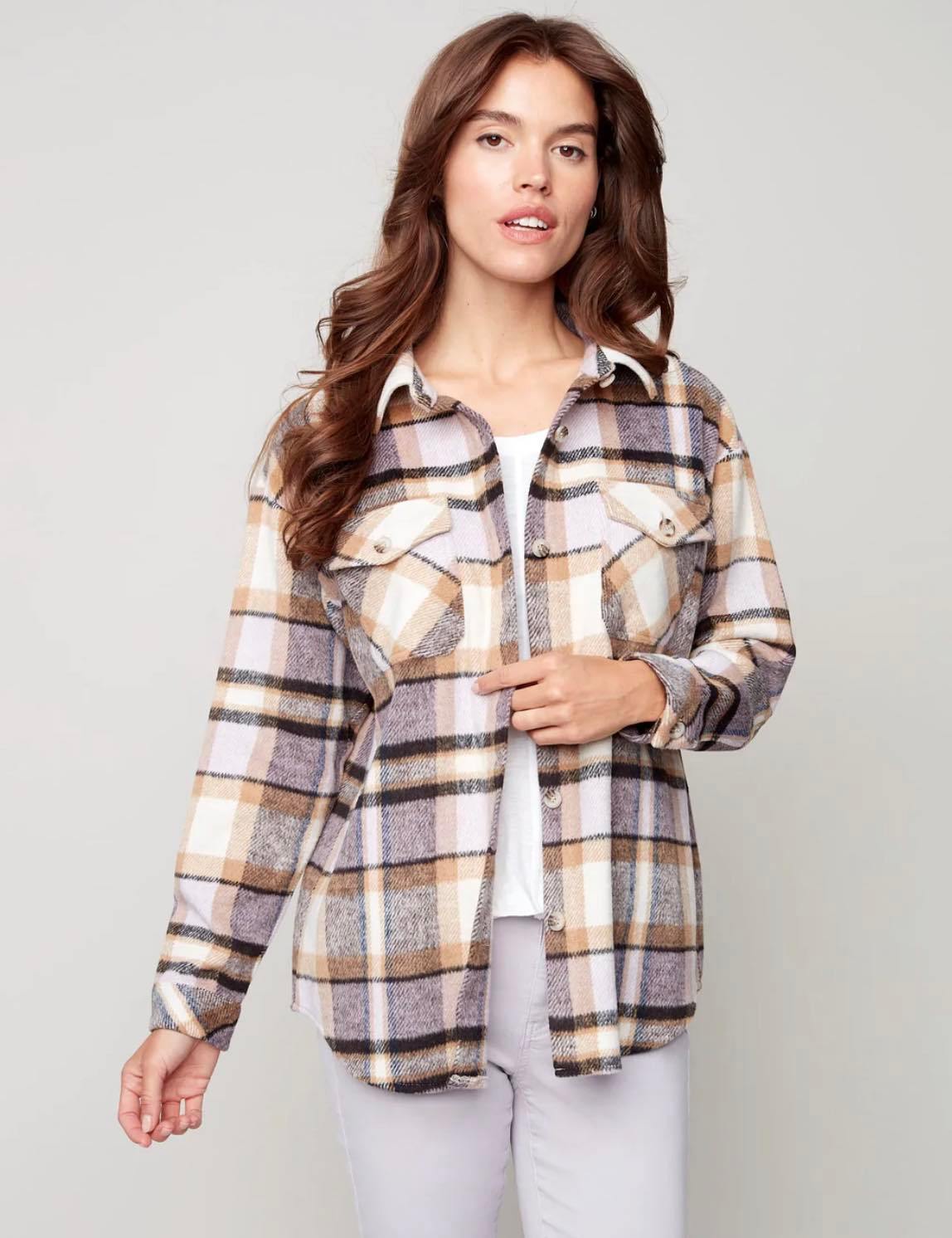 Charlie B Lilac Plaid Flannel Shirt Jacket Shacket