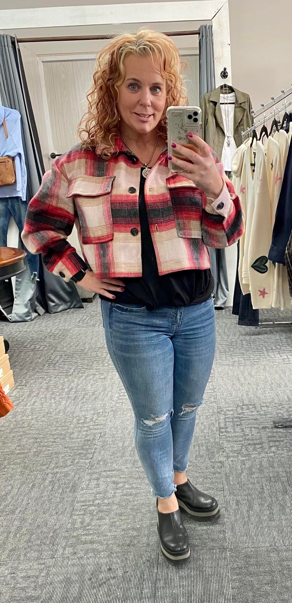 Elan Cropped Button Up Red Plaid Jacket-Clearance Final Sale