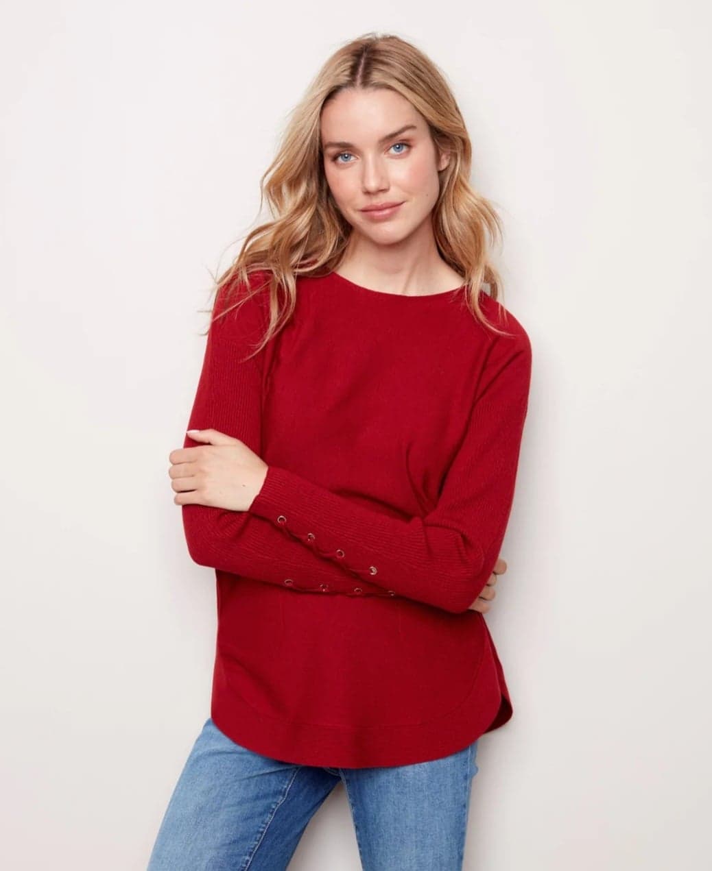 Charlie B Lace Up Cuff Detail Scarlet Red Sweater- Clearance Final Sale