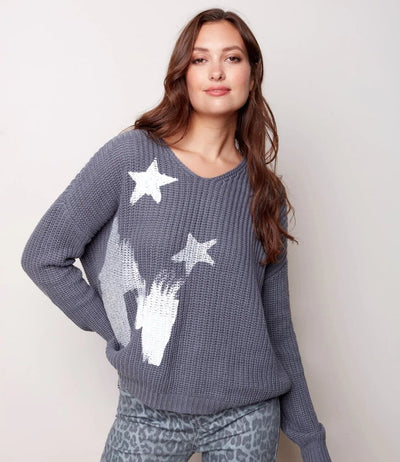 Charlie B Denim V-Neck Sweater With Stars-Clearance Final Sale