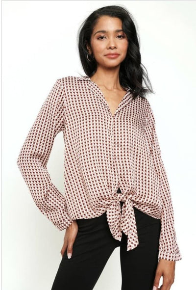 Tie Front Collared V-Neck Blouse Top - Clearance Final Sale