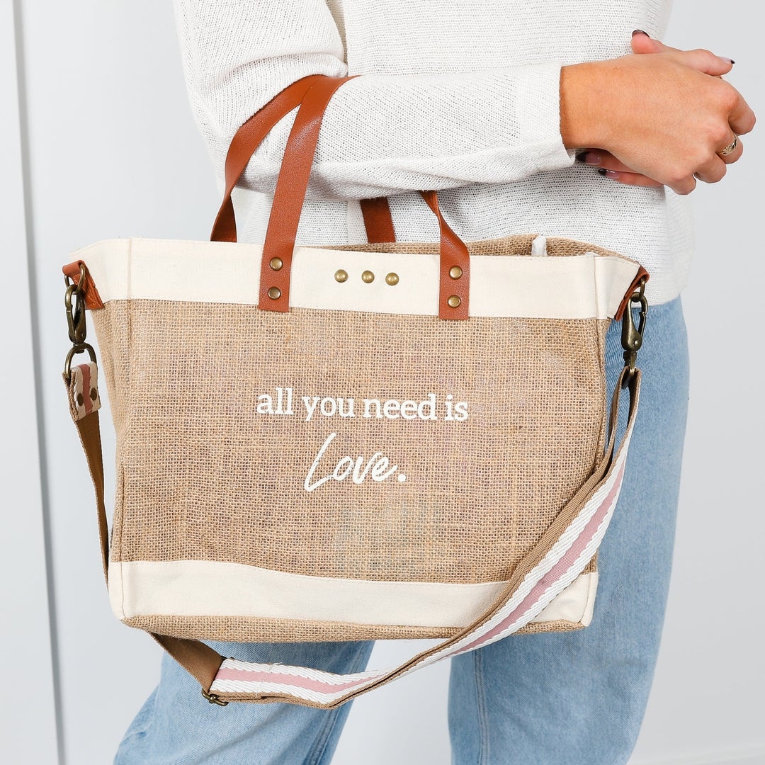 All you Need Is Love Jute Crossbody Tote Bag