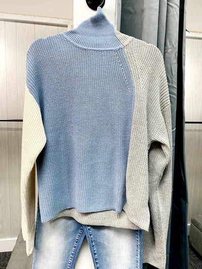 Color Block Blue/Grey/Ivory Turtleneck Sweater Top- Clearance Final Sale