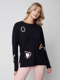 Charlie B Crew Neck Love Jacquard Sweater-Clearance Final Sale