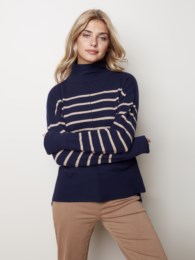 Navy/Brown Striped Funnel Neck Sweater - Clearance Final Sale