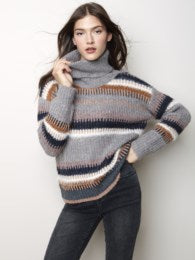 Charlie B Charcoal Striped Cowl Neck Sweater-Clearance Final Sale