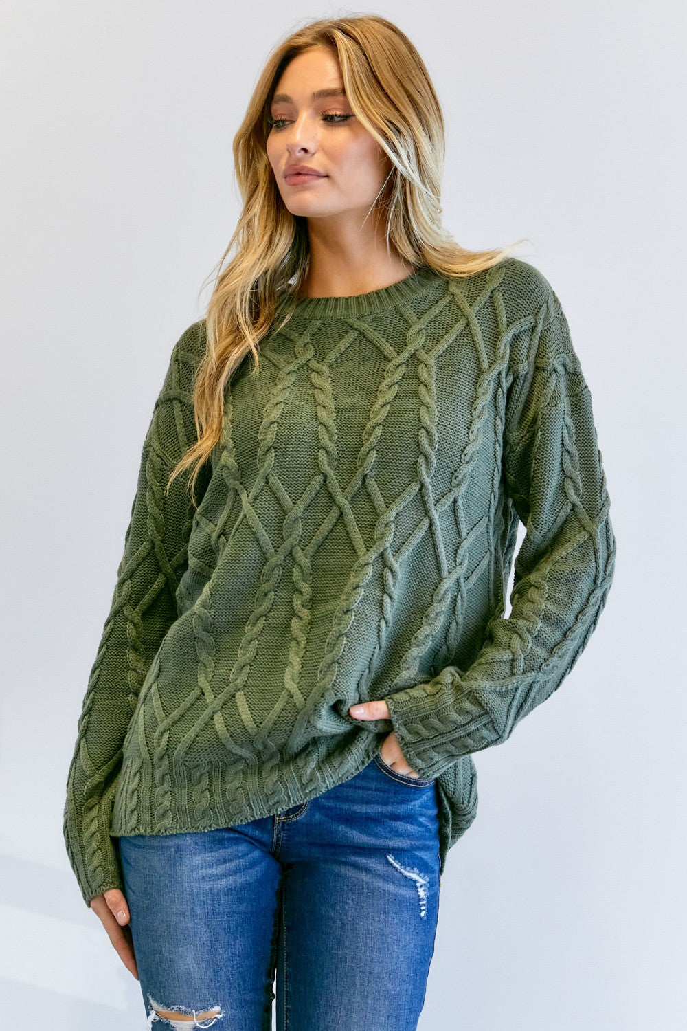 Solid Round Neck Long Sleeve Olive Green Sweater-Clearance Final Sale