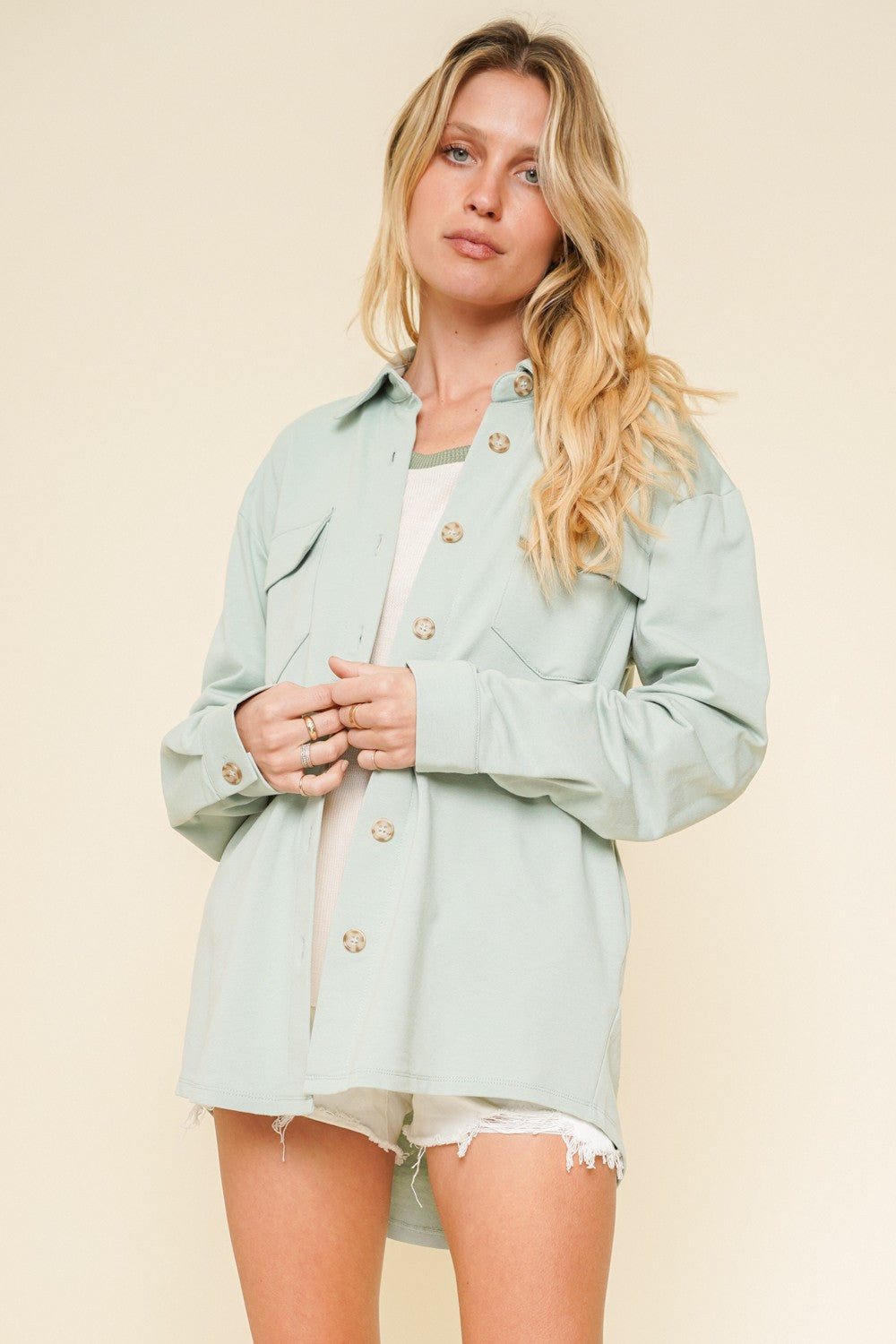 Oversized French Terry Button Down Shirt Jacket Shacket