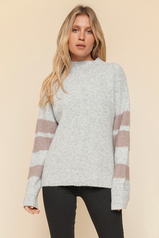 Soft Mock Neck Stripe Sleeve Sweater