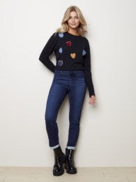 Dark denim jogger style with elastic, tie string waistband