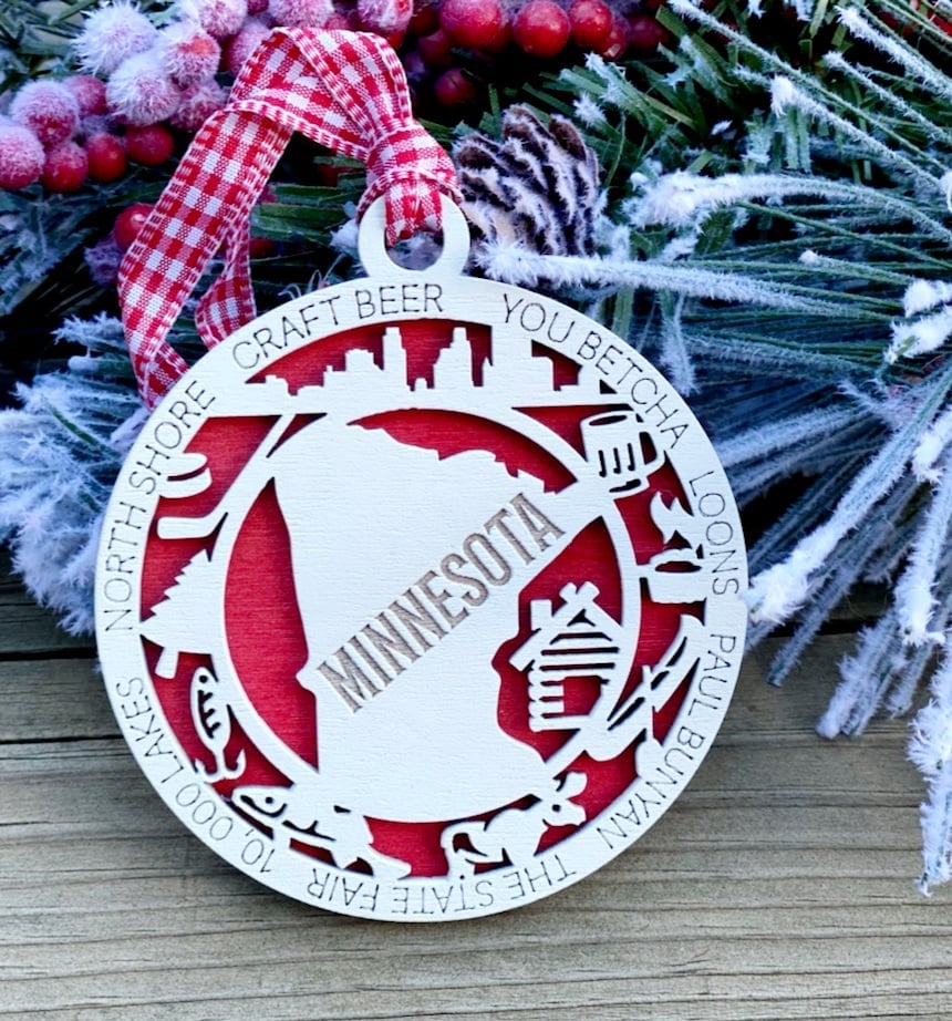 Minnesota State Engraved Cut Out Wood Ornament