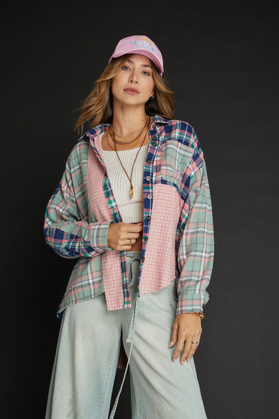 Oversized Mixed Plaid Button Up Top