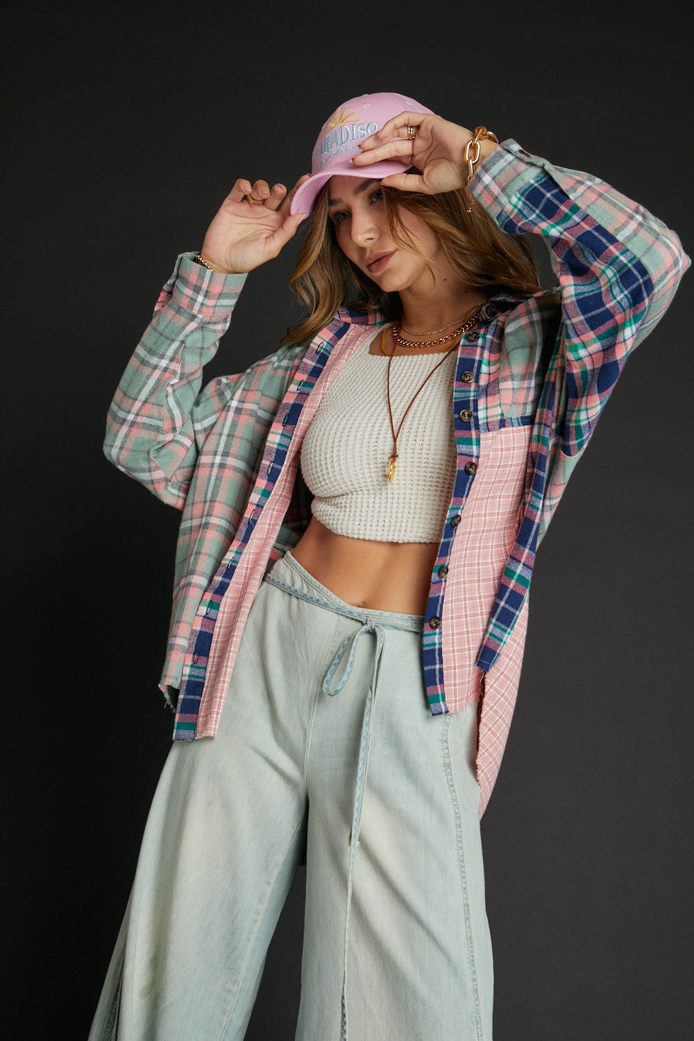 Oversized Mixed Plaid Button Up Top