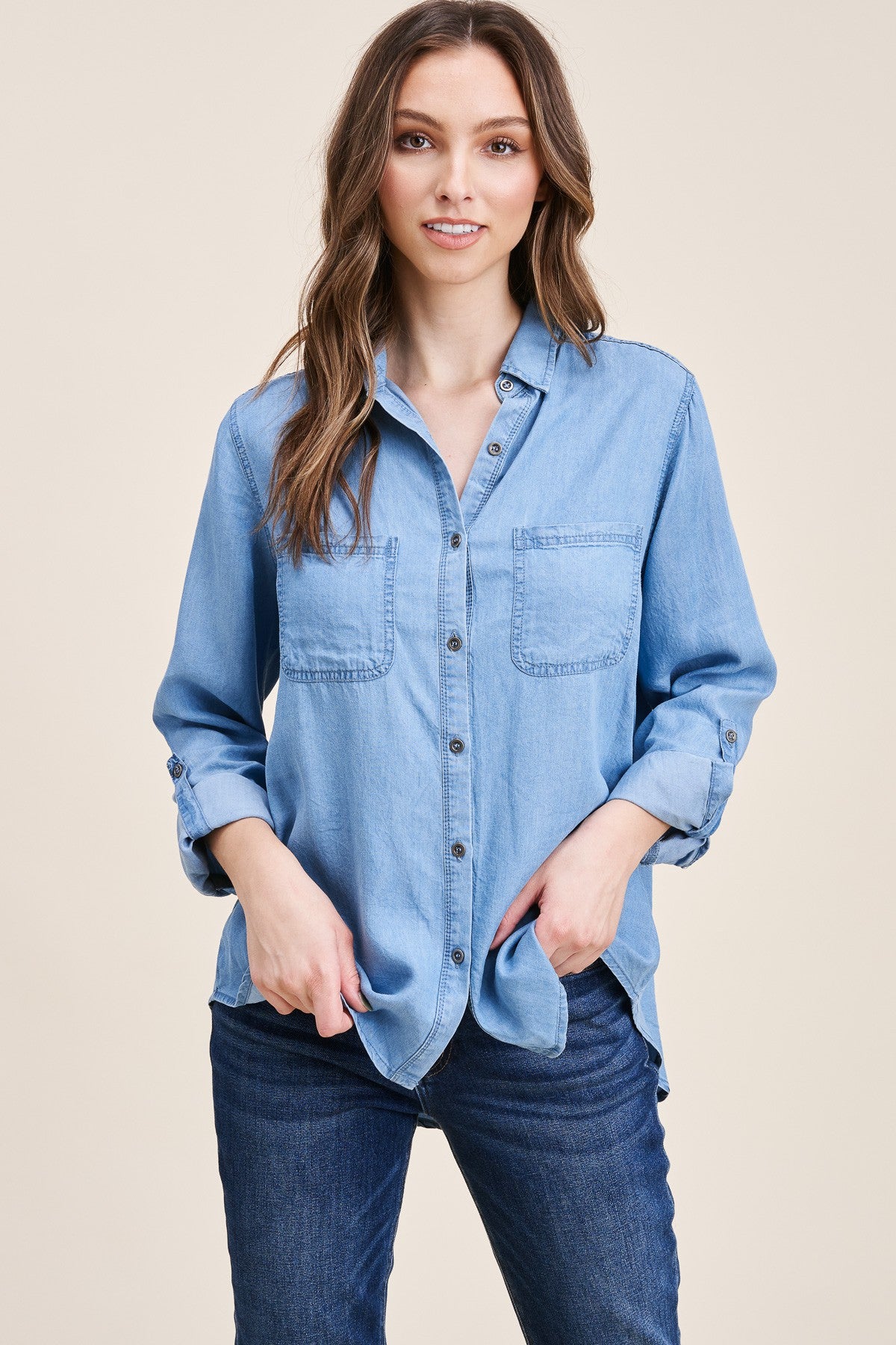 Tencel BUtton Down Rolled Sleeve Top