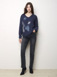Charlie B Denim V-Neck Sweater With Stars-Clearance Final Sale