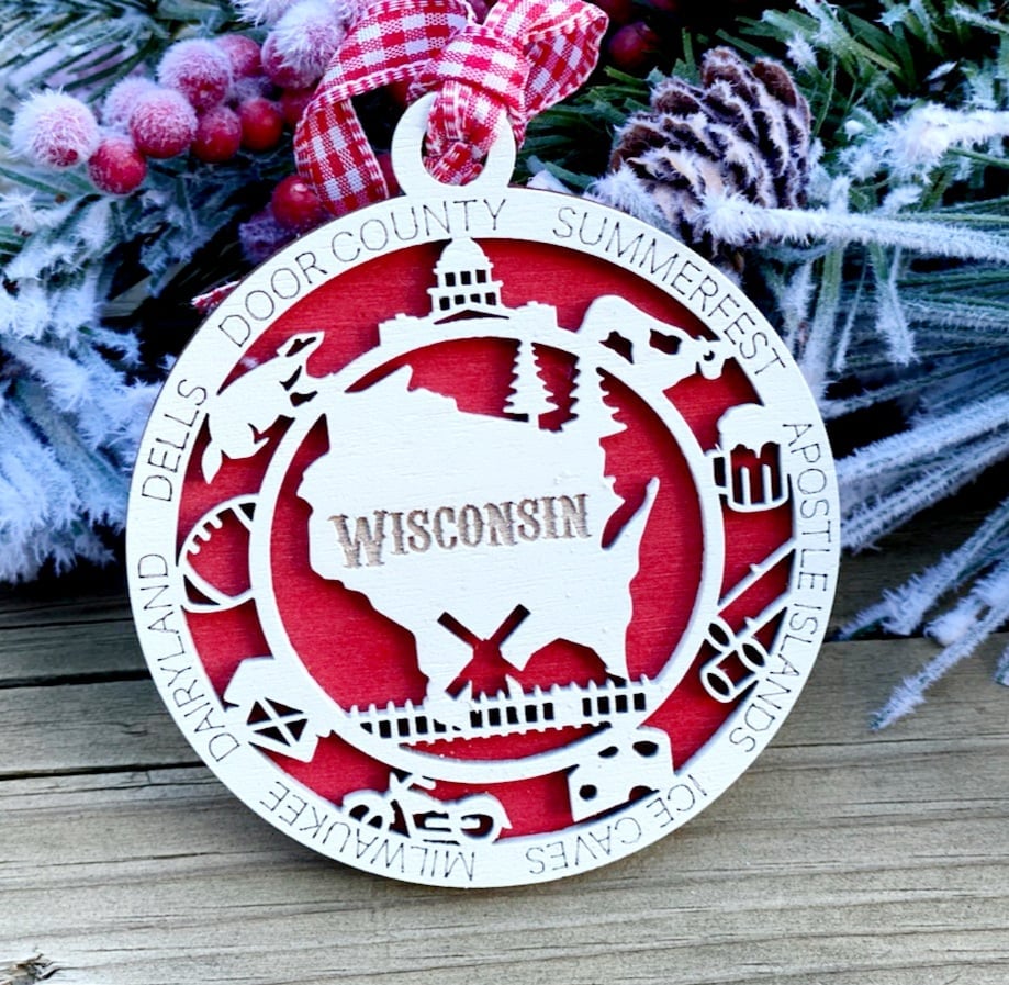 Wisconsin State Engraved Cut Out Wood Ornament